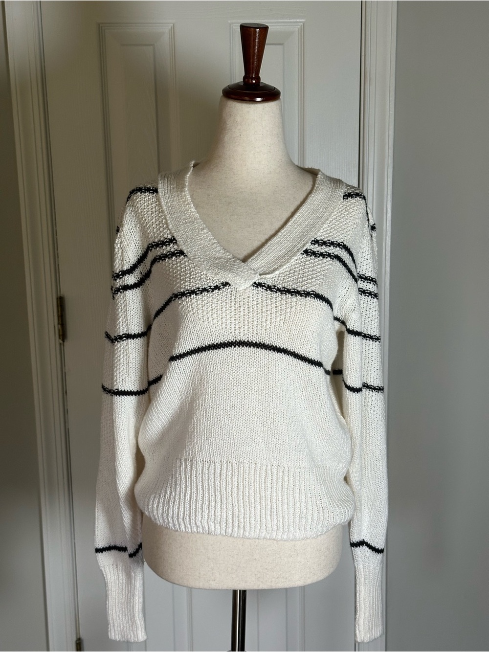 Brochu Walker Sasha Striped White V-Neck Sweater with Black Stripes - Picture 6 of 10